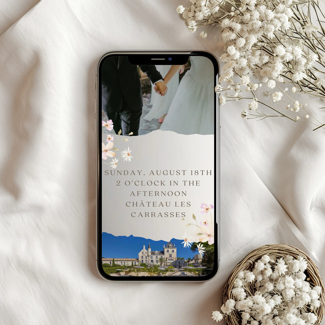 Customizable floral animated wedding invitation with romantic floral graphics and smooth animation