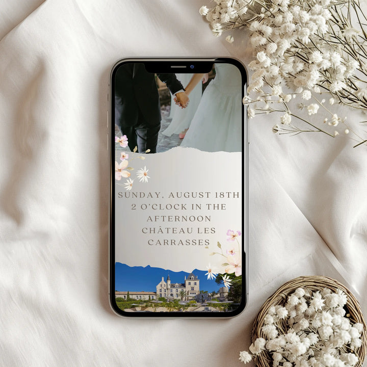 Customizable floral animated wedding invitation with romantic floral graphics and smooth animation