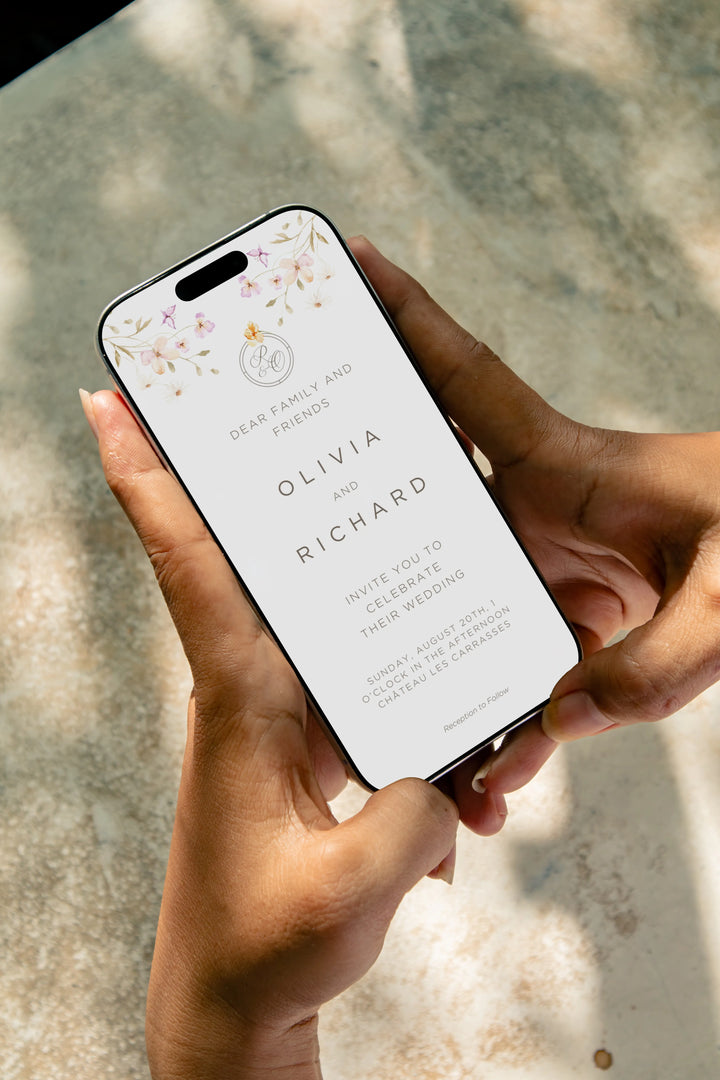 Editable wedding invitation template with delicate floral design and modern typography