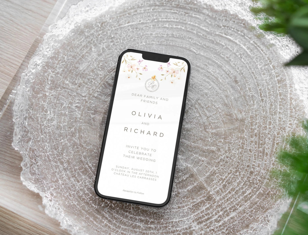 Floral wedding digital invitation template with elegant watercolor flowers, editable in Canva