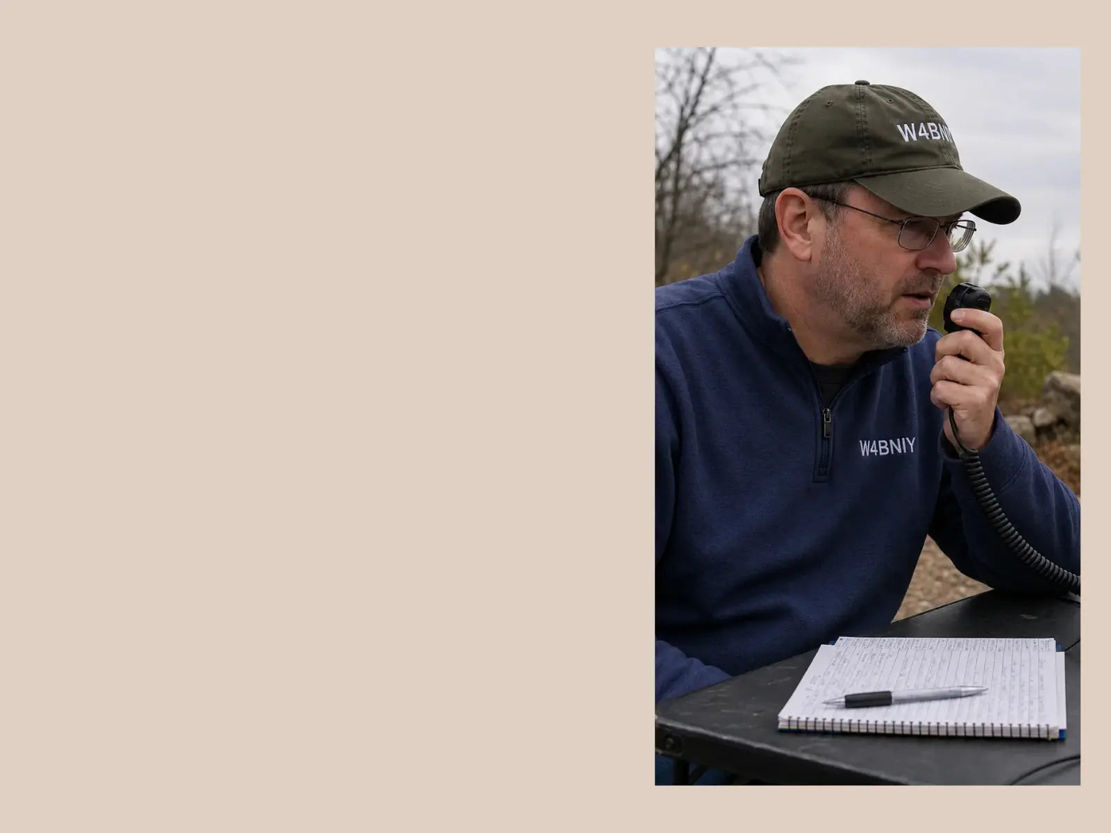 ham radio operator wearing a quarter-zip pullover during a POTA activation