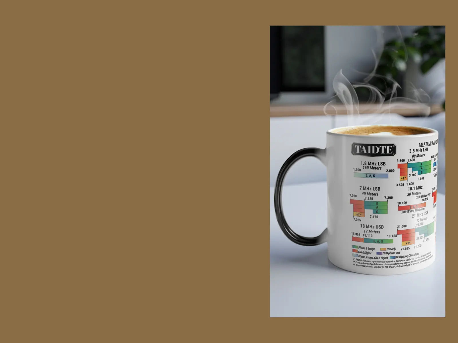 A white ceramic coffee mug with a black handle and a printed customizable ham radio callsign and band plan design, shown with steam rising from a cup of coffee on a light surface against a brown background.