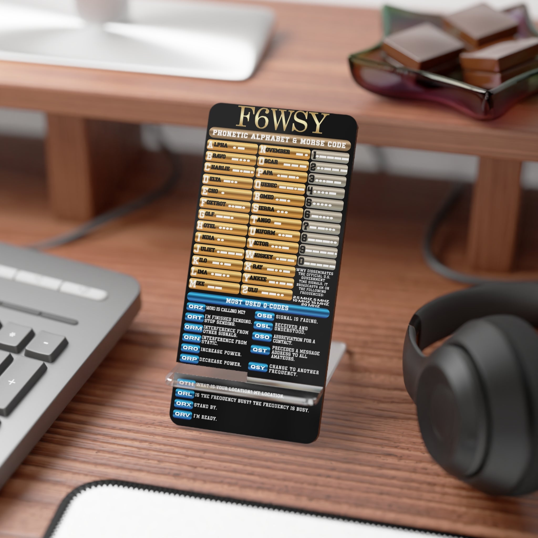 Smartphone Stand Custom Call Sign Ham Radio Reference Chart - Phonetic, Morse Code & Q-Codes