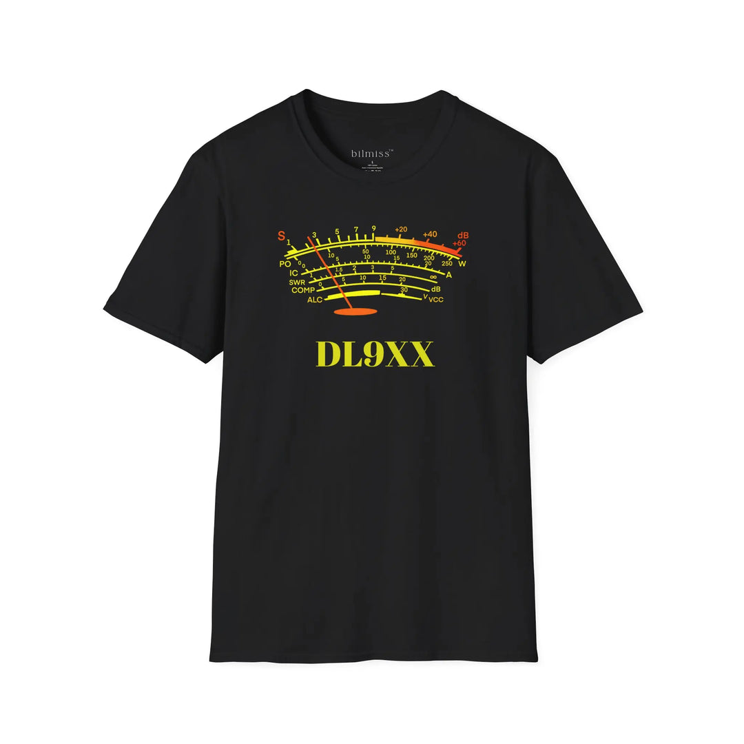 Black ham radio S meter graphic t-shirt with 'DL9XX' text on a white background