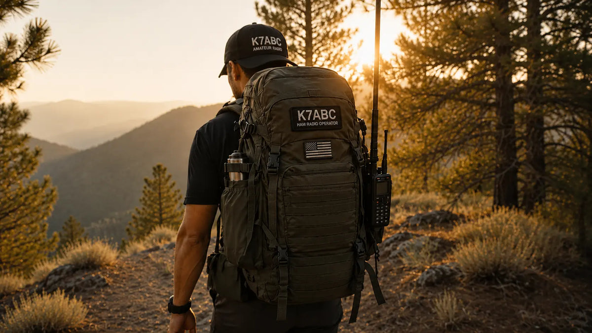 A man wearing a black K7ABC callsign ham radio cap and a large olive green tactical backpack with K7ABC callsign patch, standing on a mountain SOTA trail at sunset.