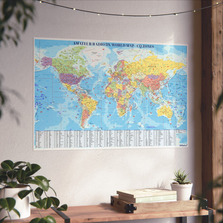 Ham Radio DX World Map Poster – CQ Zones &amp; DXCC Prefix Reference Wall Art