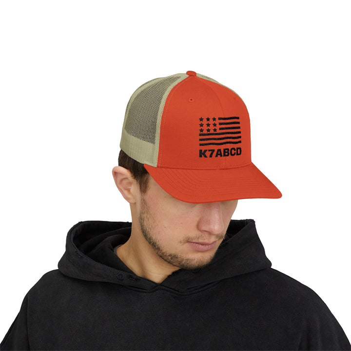 Personalized Ham Radio Call Sign Trucker Hat – Embroidered American Flag Amateur Radio Cap