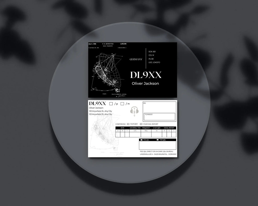 Custom Ham Radio QSL Card Template – Call Sign ID Card with Radio Telescope Design – Instant Download & Printable