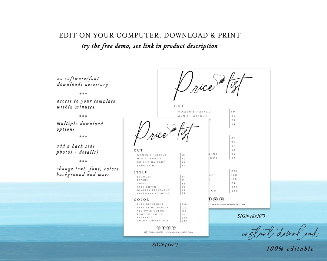 Custom Price List Template | Editable & Printable (Instant Download) - Modern, Minimal