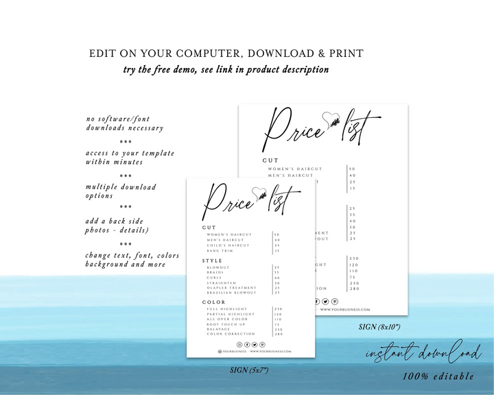 Custom Price List Template | Editable & Printable (Instant Download) - Modern, Minimal