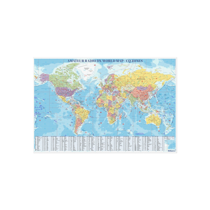 Ham Radio DX World Map Poster – CQ Zones &amp; DXCC Prefix Reference Wall Art