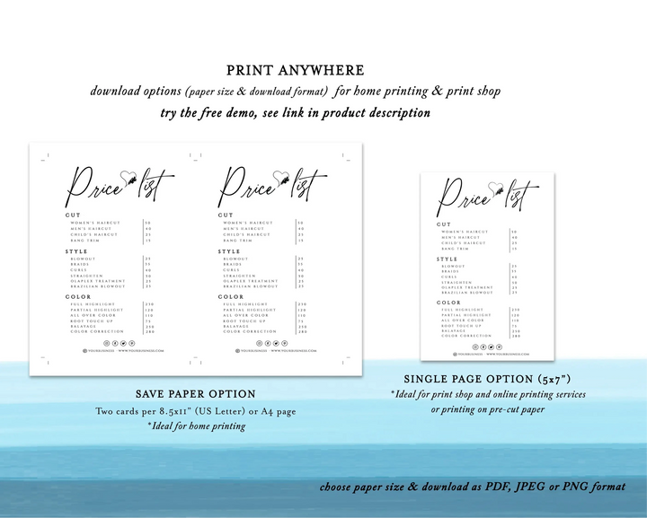 Custom Price List Template | Editable & Printable (Instant Download) - Modern, Minimal