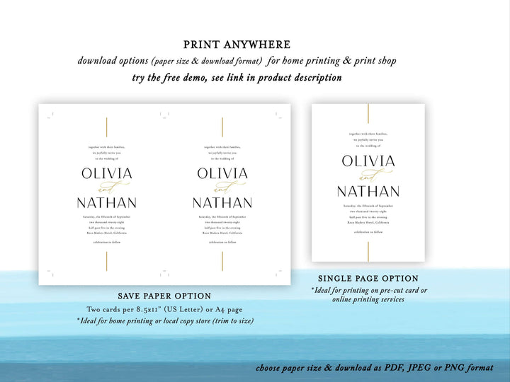 Three printed cards with 'Olivia & Nathan' text, download options for paper size and formats, and branding details.