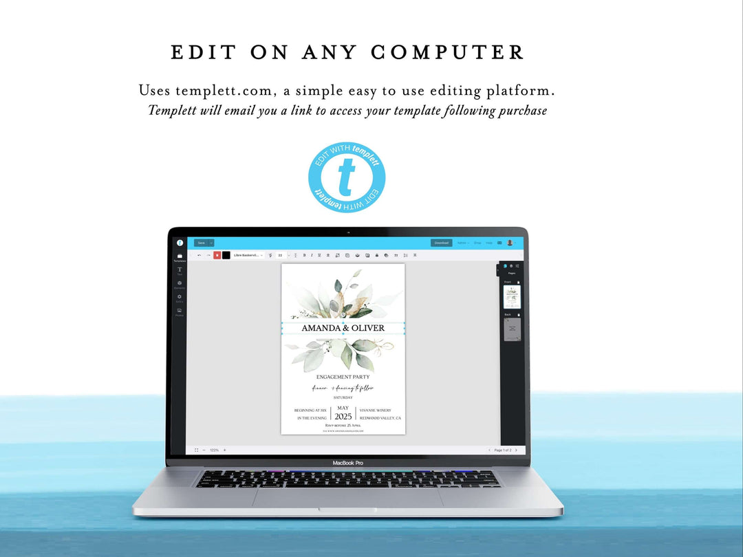 Laptop displaying a wedding invitation template on a white background with 'Templatti' branding.