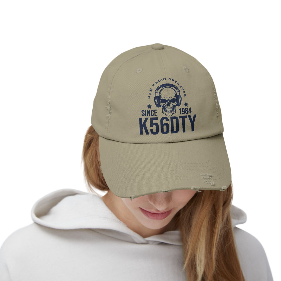 Personalized Vintage Ham Radio Skull Hat | Custom Callsign &amp; Licensed Since Distressed Cap