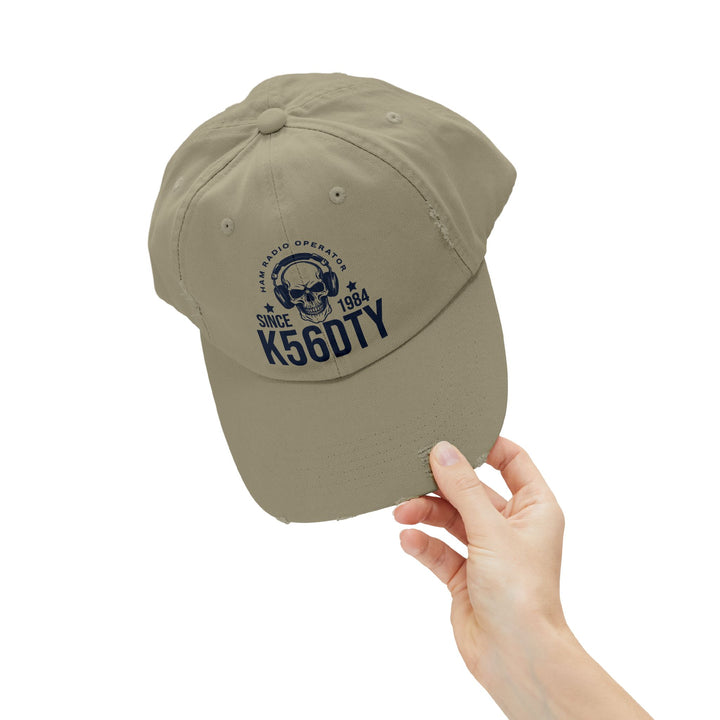 Personalized Vintage Ham Radio Skull Hat | Custom Callsign &amp; Licensed Since Distressed Cap