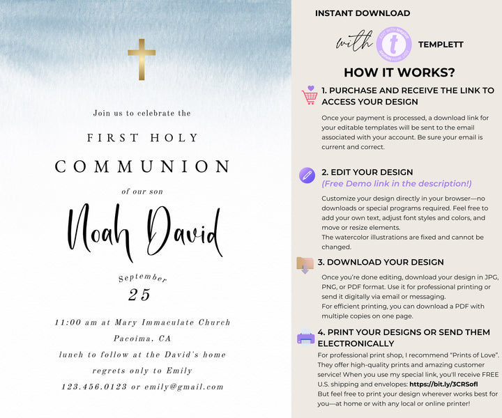 Editable first holy communion invitation - how it works