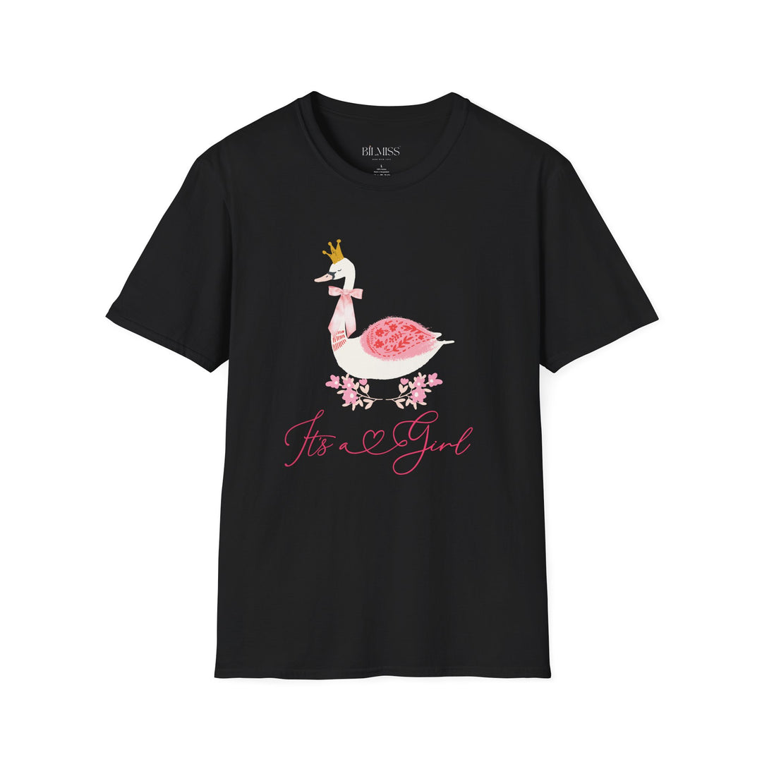 Pregnancy Announcement T-shirt, Baby Shower Gift, Funny Mom Tee- Black t-shirt with a graphic of a swan and baby, text &