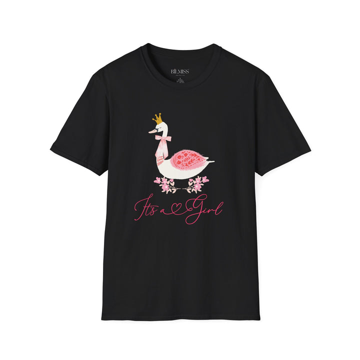 Pregnancy Announcement T-shirt, Baby Shower Gift, Funny Mom Tee- Black t-shirt with a graphic of a swan and baby, text &
