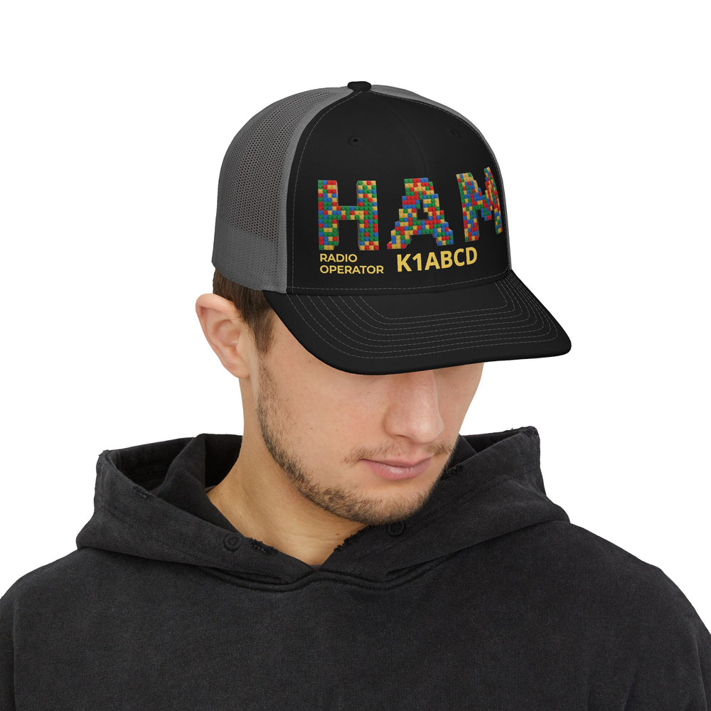 Amateur radio trucker cap with mesh back and adjustable snapback closure