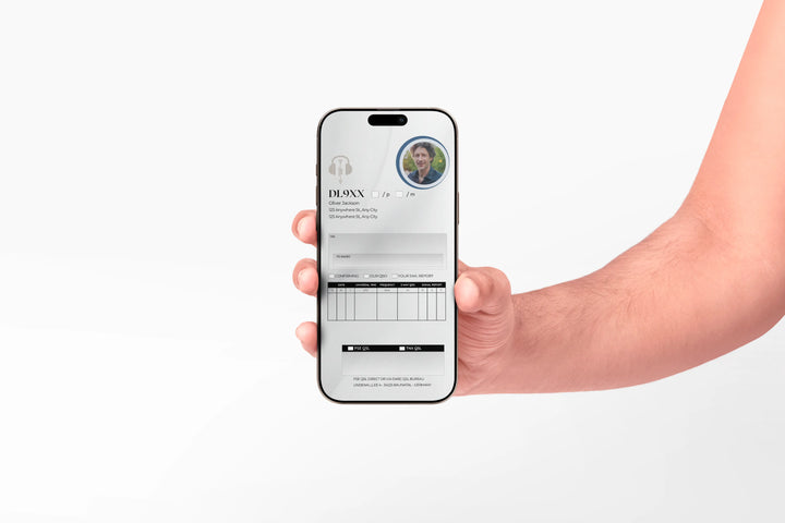 Hand holding a smartphone displaying a digital ID card on a white background - Animated Ham Radio QSL Card – Radio Telescope Design | Editable Canva Template