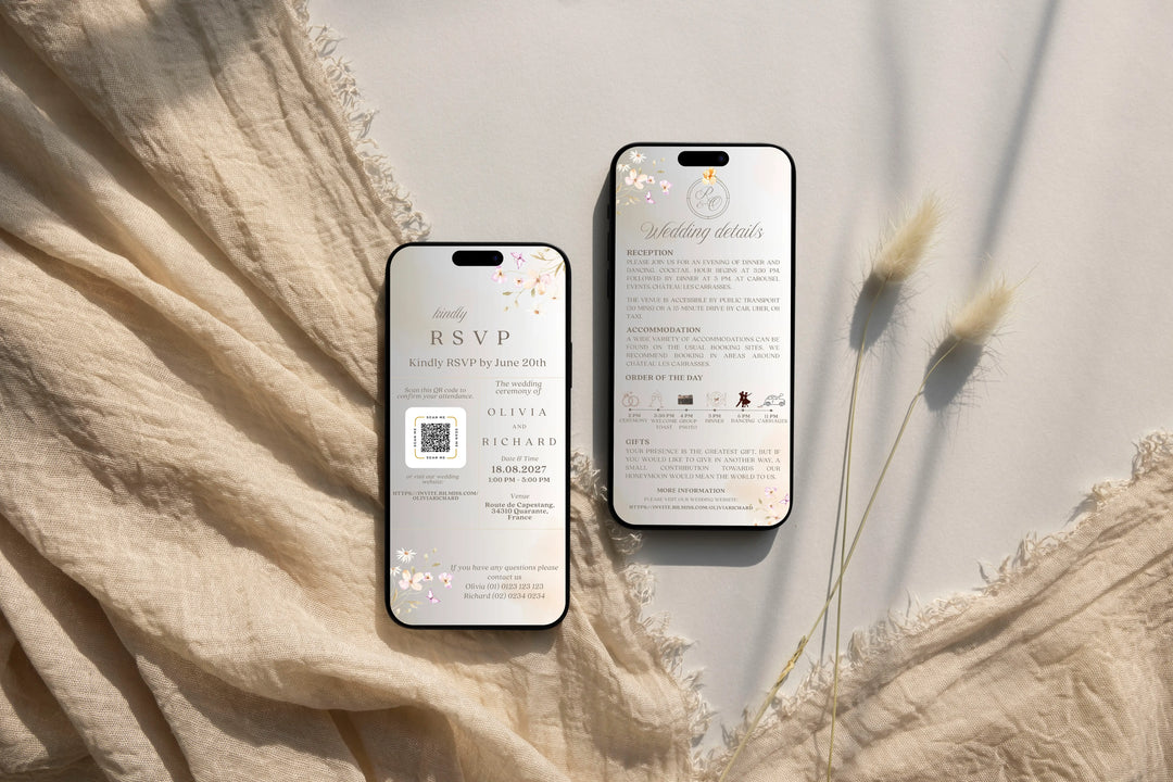 Animated floral wedding e-card with soft pastel flowers, customizable names, date, and venue