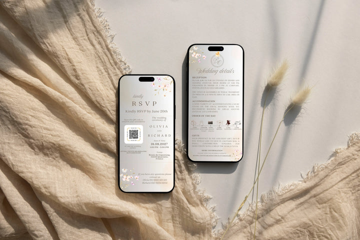 Animated floral wedding e-card with soft pastel flowers, customizable names, date, and venue