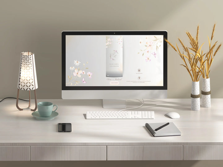 Bilmiss animated wedding e-card with floral motion design, soft pastel tones, and customizable couple details – eco-friendly and paperless.