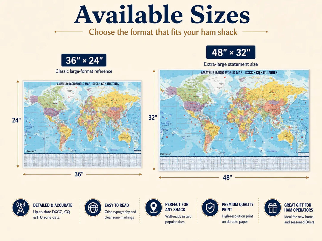 Ham Radio DX World Map Poster | DXCC, CQ Zones &amp; ITU Zones Reference