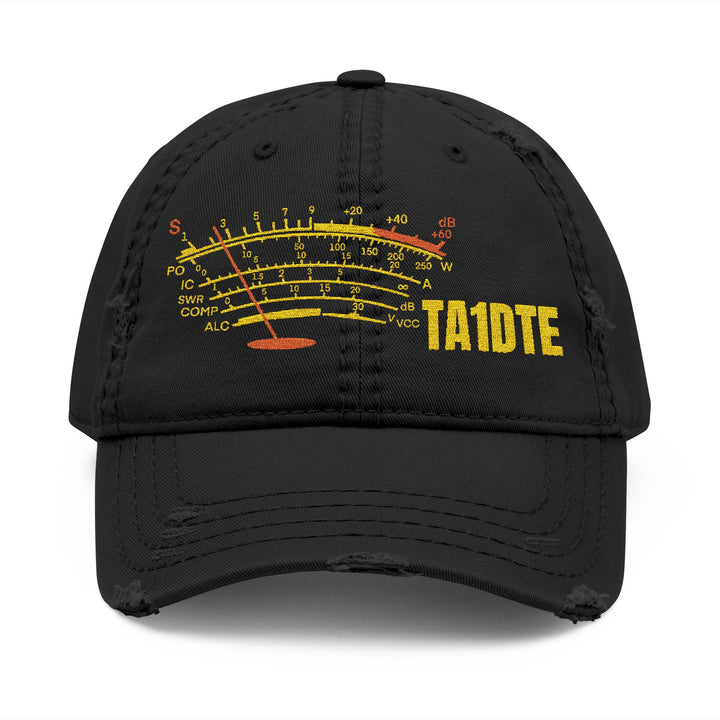 Black Personalized SWR meter distressed dad hat embroidered with a custom amateur radio callsign