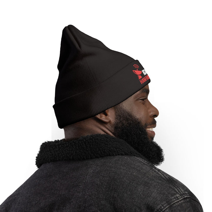 Custom embroidered amateur radio beanie personalized with a licensed callsign for outdoor operating.