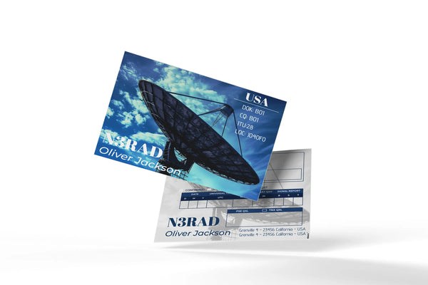 Custom amateur radio QSL contact card personalized with callsign, CQ zone, ITU zone, Maidenhead locator, and satellite artwork.