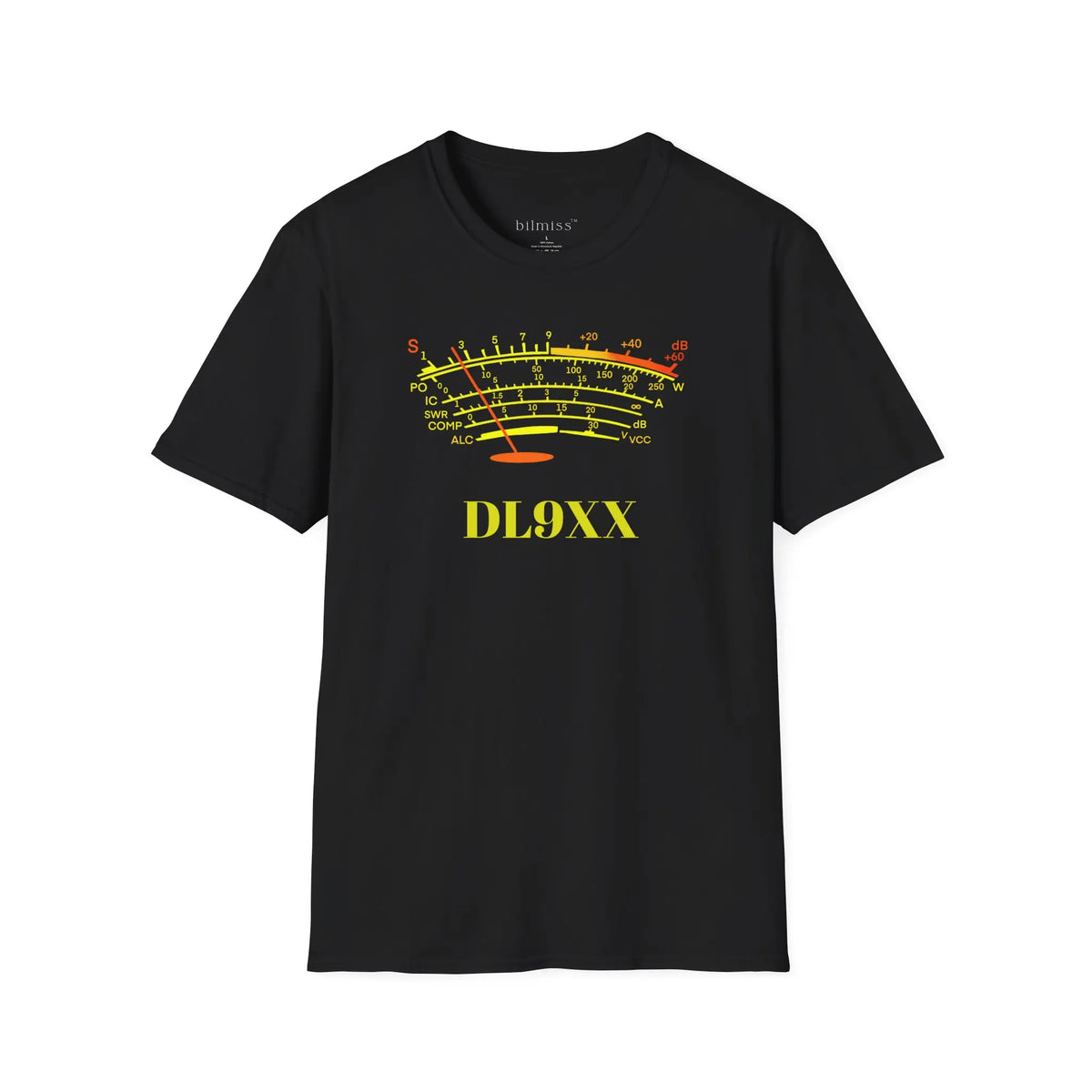 Black ham radio S meter graphic t-shirt with 'DL9XX' text on a white background