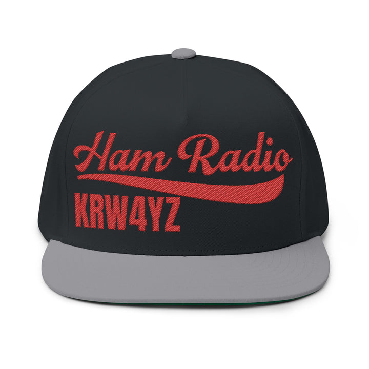 Custom callsign flat bill hat with green undervisor for amateur radio operators