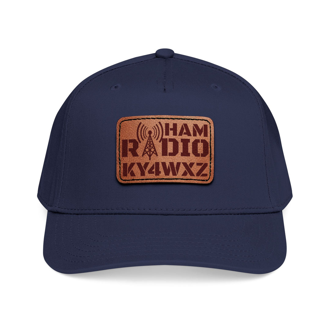 Custom amateur radio callsign leather patch hat with structured five-panel design