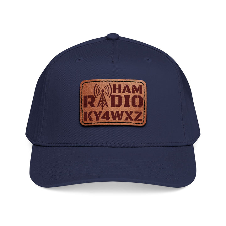 Custom amateur radio callsign leather patch hat with structured five-panel design