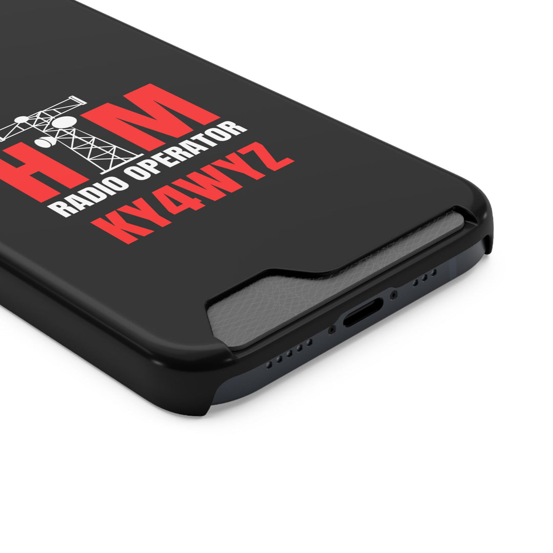 Custom callsign phone case with integrated card holder for licensed amateur radio operators.