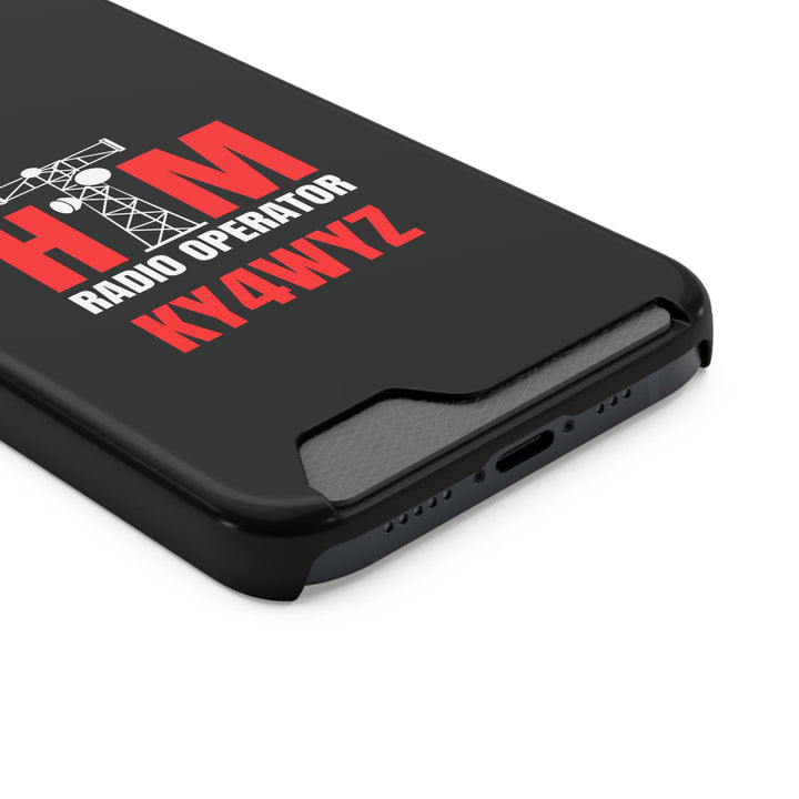 Custom callsign phone case with integrated card holder for licensed amateur radio operators.
