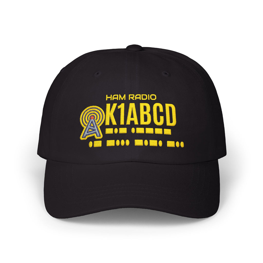 Close-up of a personalized ham radio dad hat embroidered with a licensed amateur radio callsign and International Morse code.
