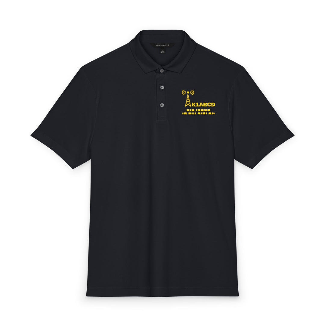 Black color  of custom embroidered amateur radio callsign and Morse code on a personalized performance polo shirt.
