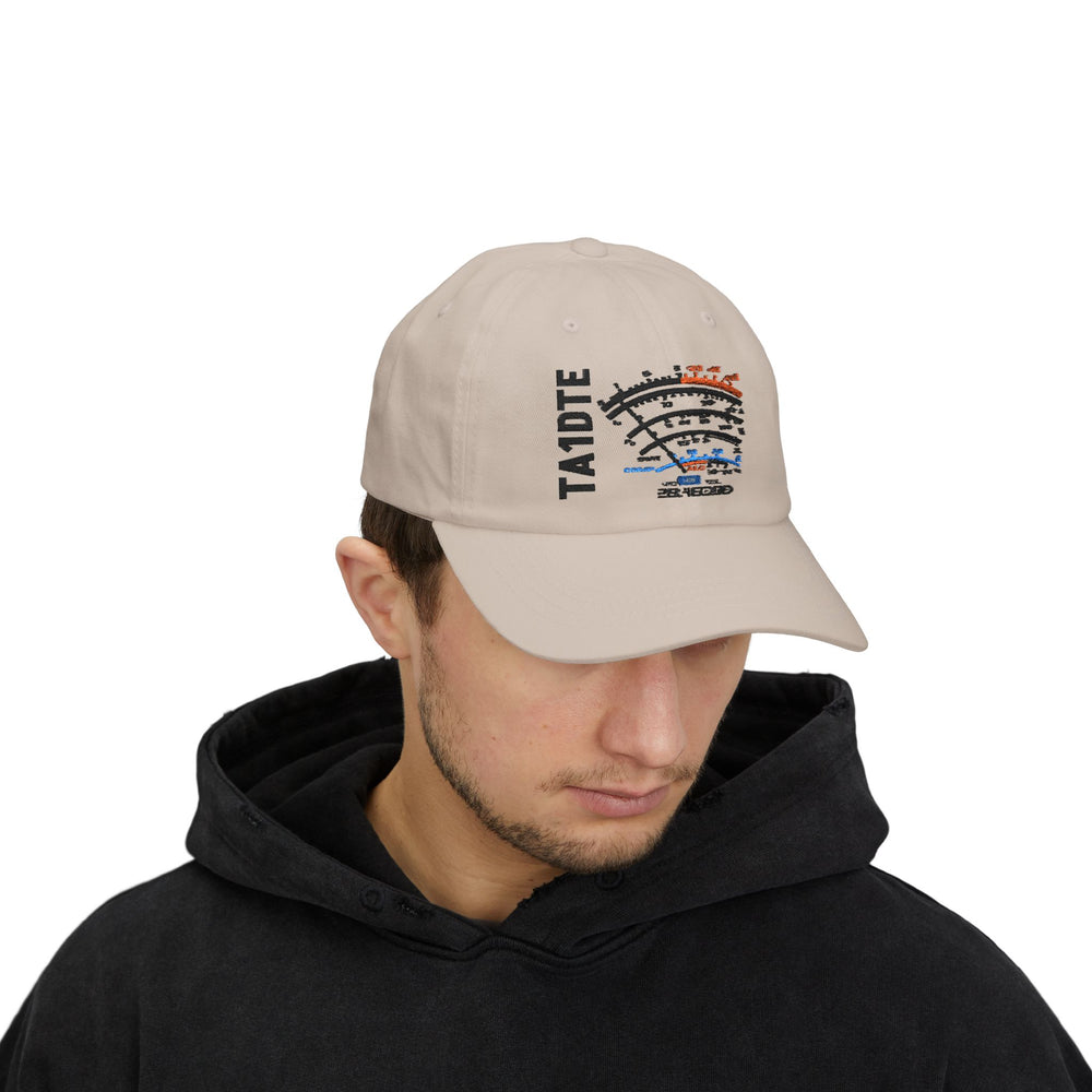 Operator wearing a personalized embroidered ham radio dad hat featuring a custom callsign and SW meter artwork.