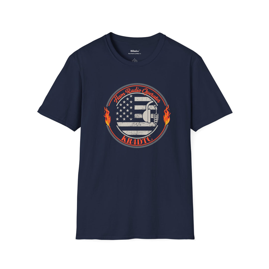 Navy blue ham radio t-shirt with a graphic of a flame and us flag and text "amateur radio operator callsign" on it and labeled Bilmiss
