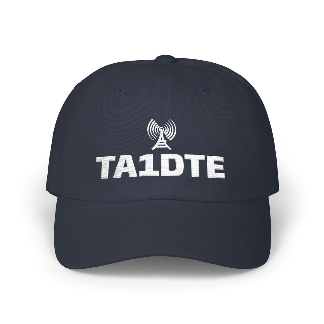 Custom embroidered dad hat featuring a personalized amateur radio callsign and antenna design.