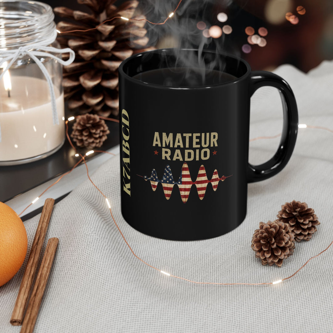 Custom ceramic coffee mug personalized with an amateur radio callsign and patriotic RF waveform design.