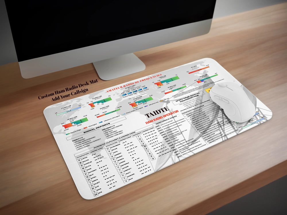 Close-up of a personalized ham radio desk mat showing a custom callsign, Morse code reference, HF band plan, Q-codes, and NATO phonetic alphabet.