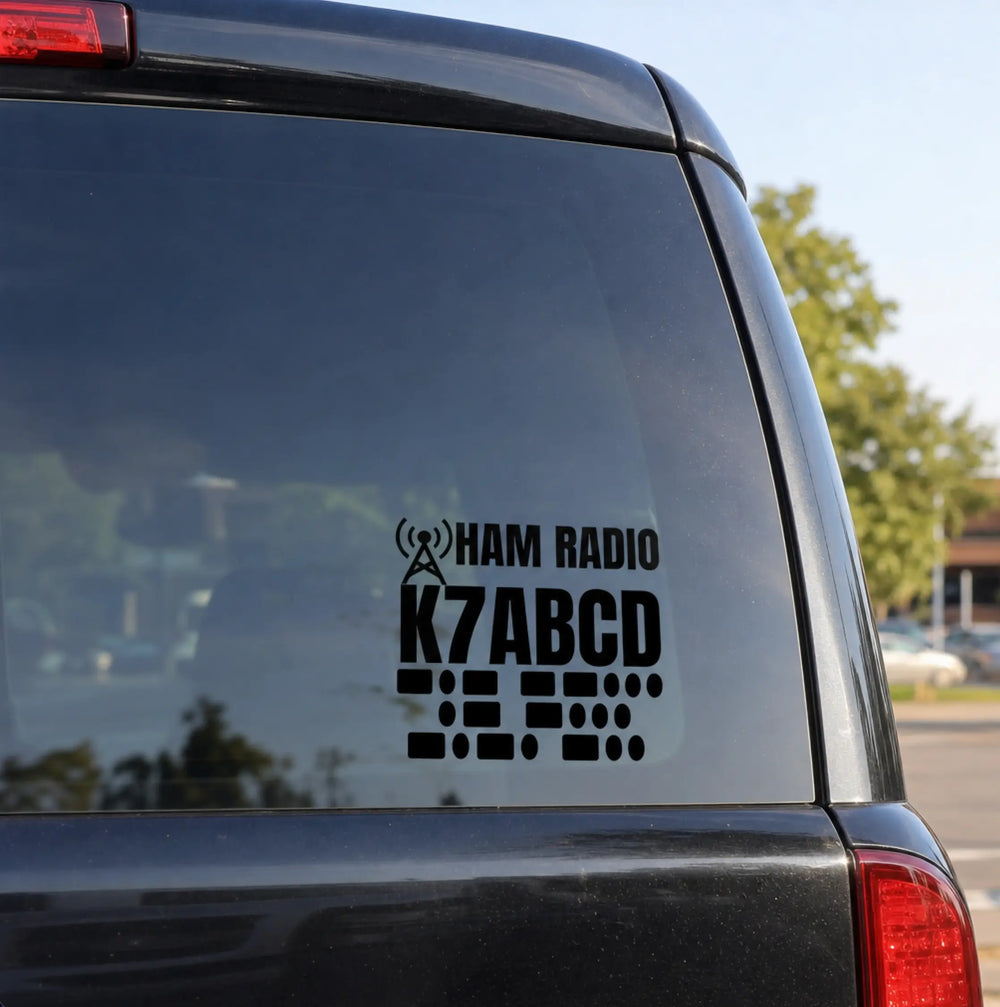 Custom ham radio vehicle decal with personalized callsign and Morse code for cars, trucks, and trailers.