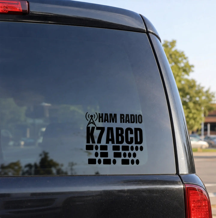Custom ham radio vehicle decal with personalized callsign and Morse code for cars, trucks, and trailers.