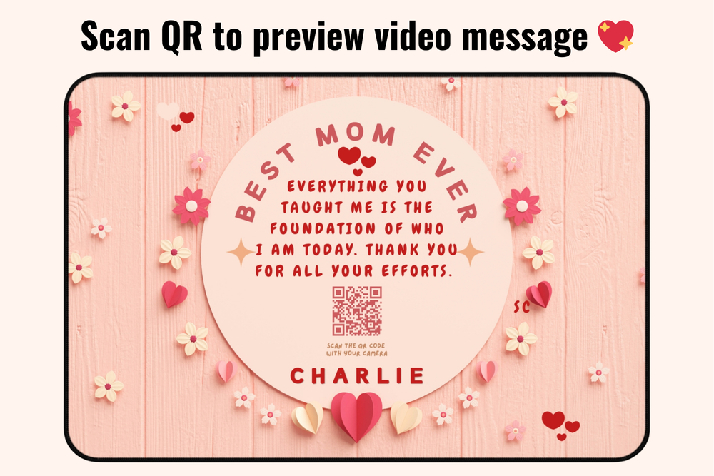 Greeting card with 'Best Mom Ever' message and QR code on a pink floral background