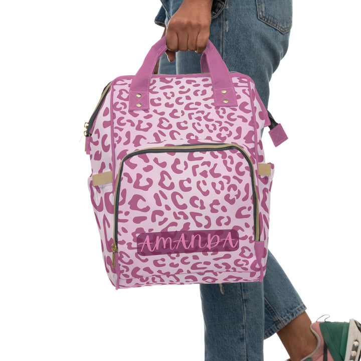 Custom pink animal print diaper bag backpack for girls – front view