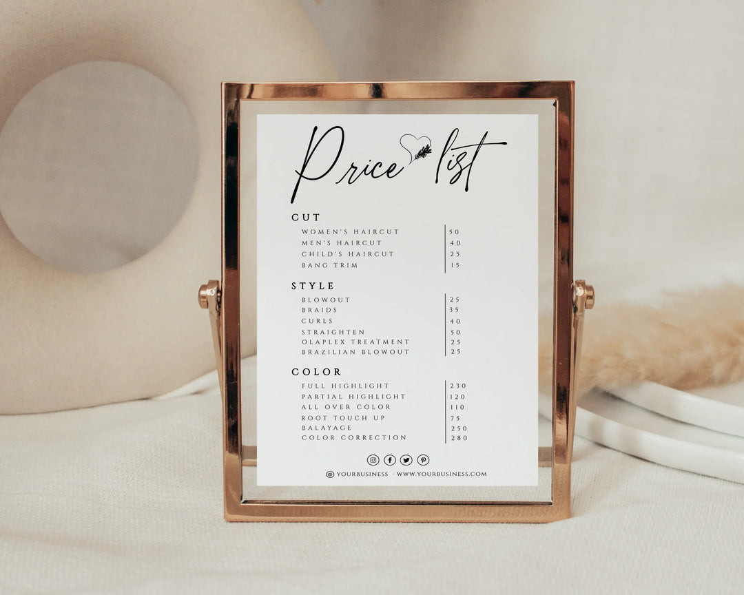 Price List Template, Small Business Price List, Editable Price Sheet, Pricing List, Salon Price List, Download, Modern, Minimal